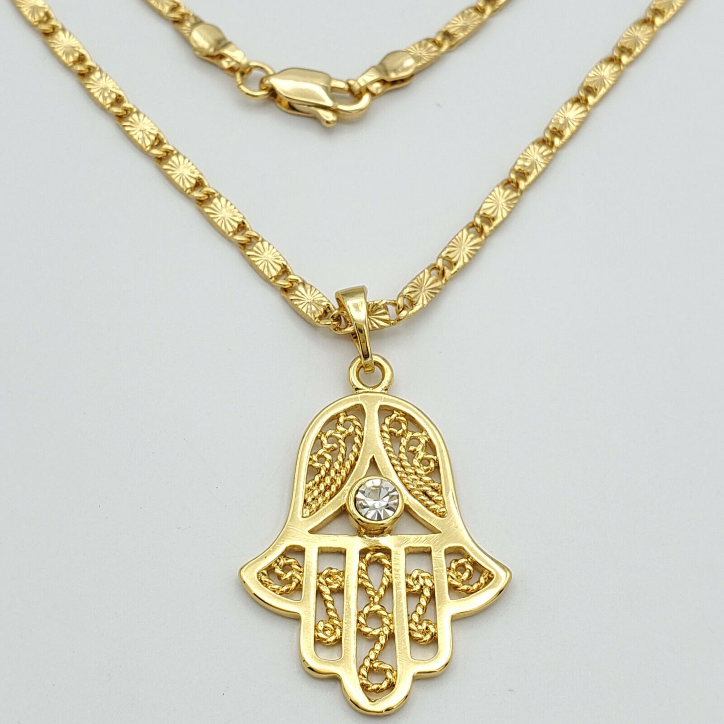 Necklaces - 24K Gold Plated. Fashion Hamsa Hand withEye Pendant & Chain.