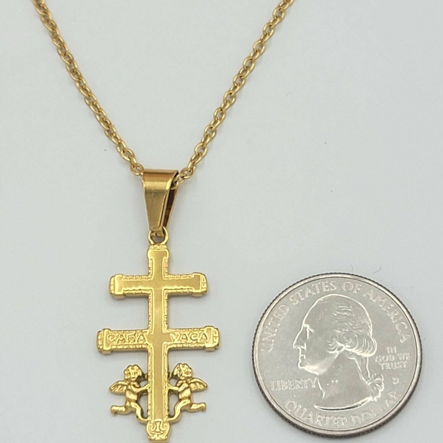 Necklaces - Stainless Steel Gold Plated. Crucifix CARAVACA Cross Pendant & Chain.