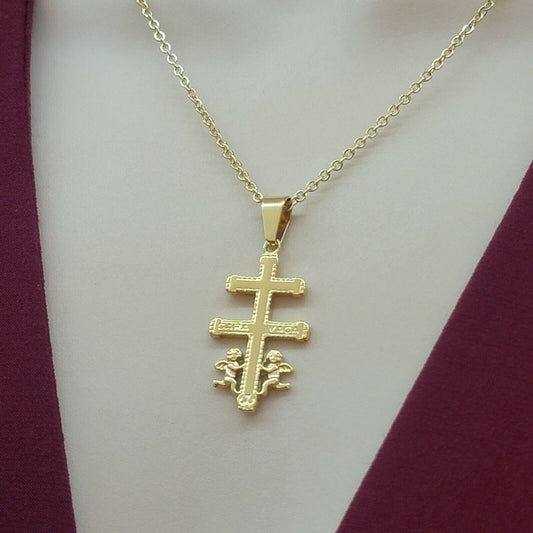 Necklaces - Stainless Steel Gold Plated. Crucifix CARAVACA Cross Pendant & Chain.