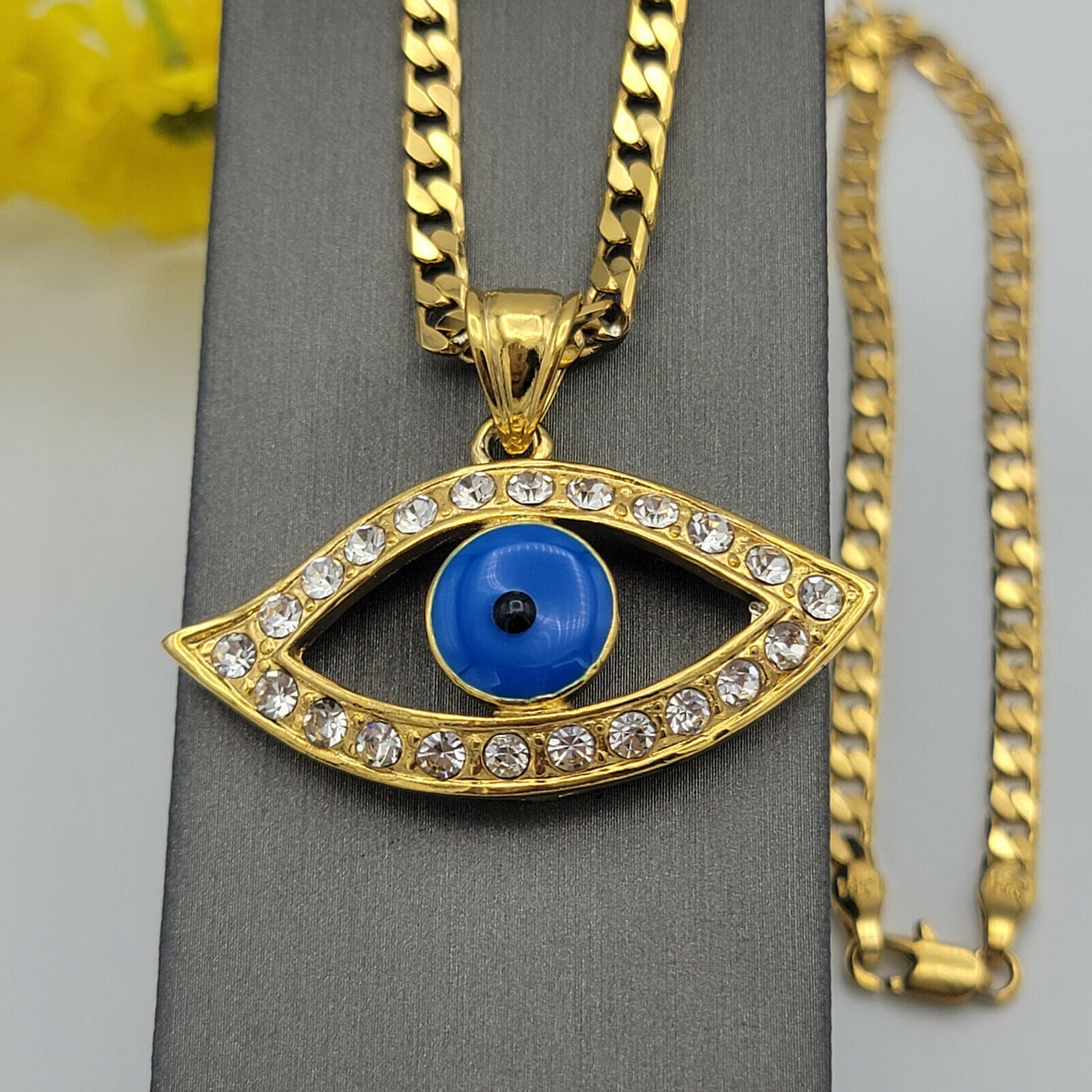 Necklaces - 24K Gold Plated. Blue Eye Crystal Pendant & Chain. Clear Crystals.