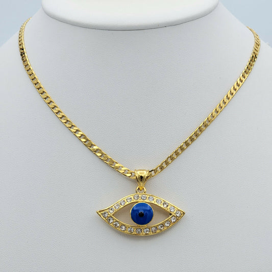 Necklaces - 24K Gold Plated. Blue Eye Crystal Pendant & Chain. Clear Crystals.