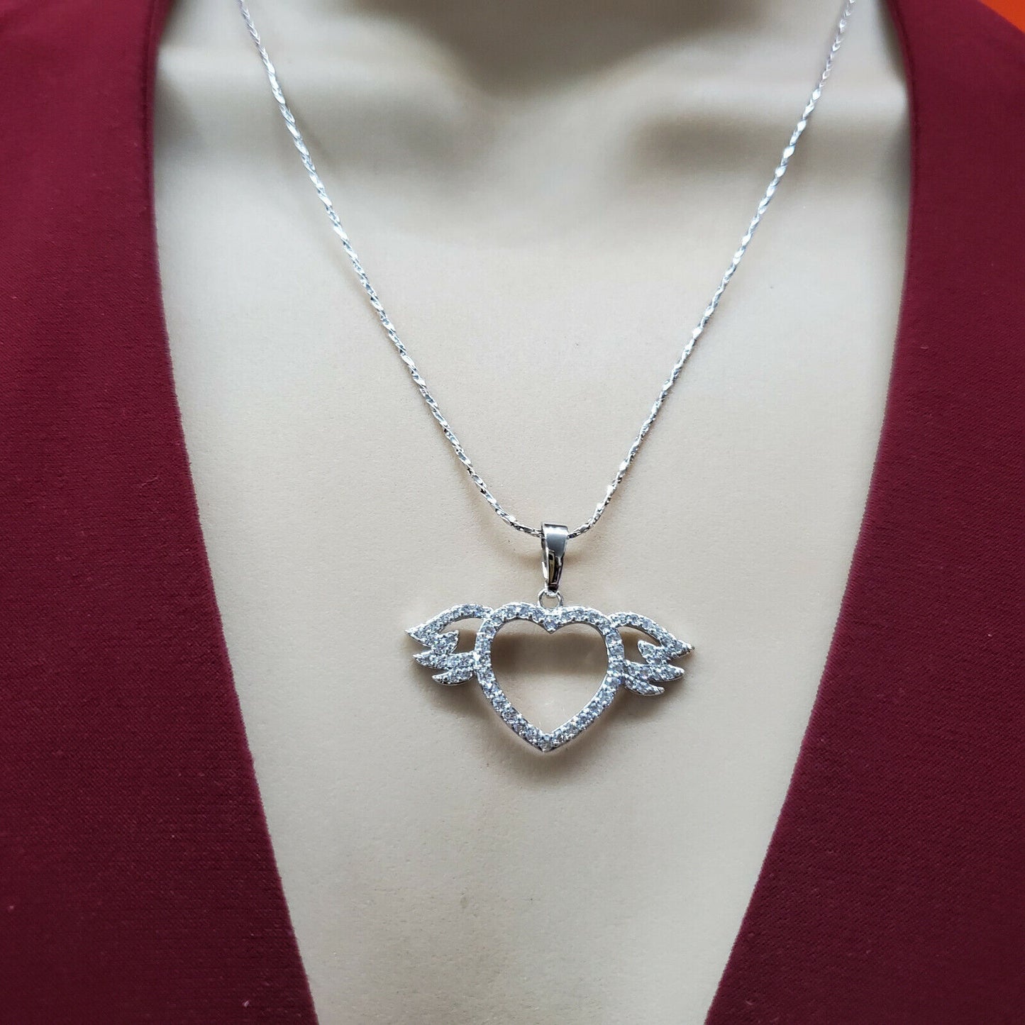 Necklaces - Rhodium Plated. Heart w Angel Wings Memorial Pendant & Chain