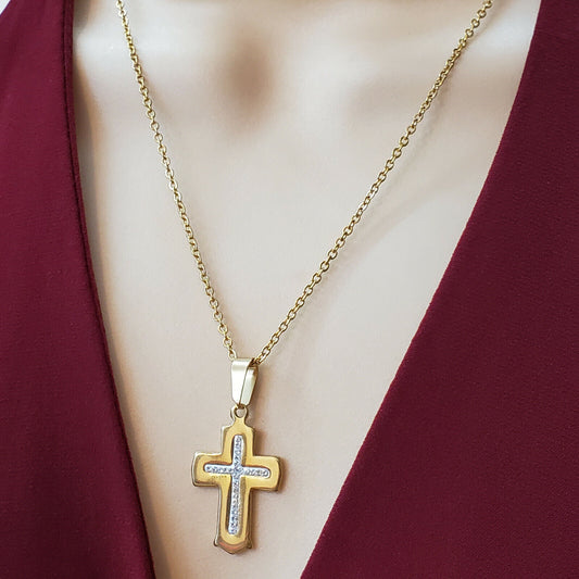 Necklaces - Stainless Steel Gold Plated. Cross Pendant & Chain.