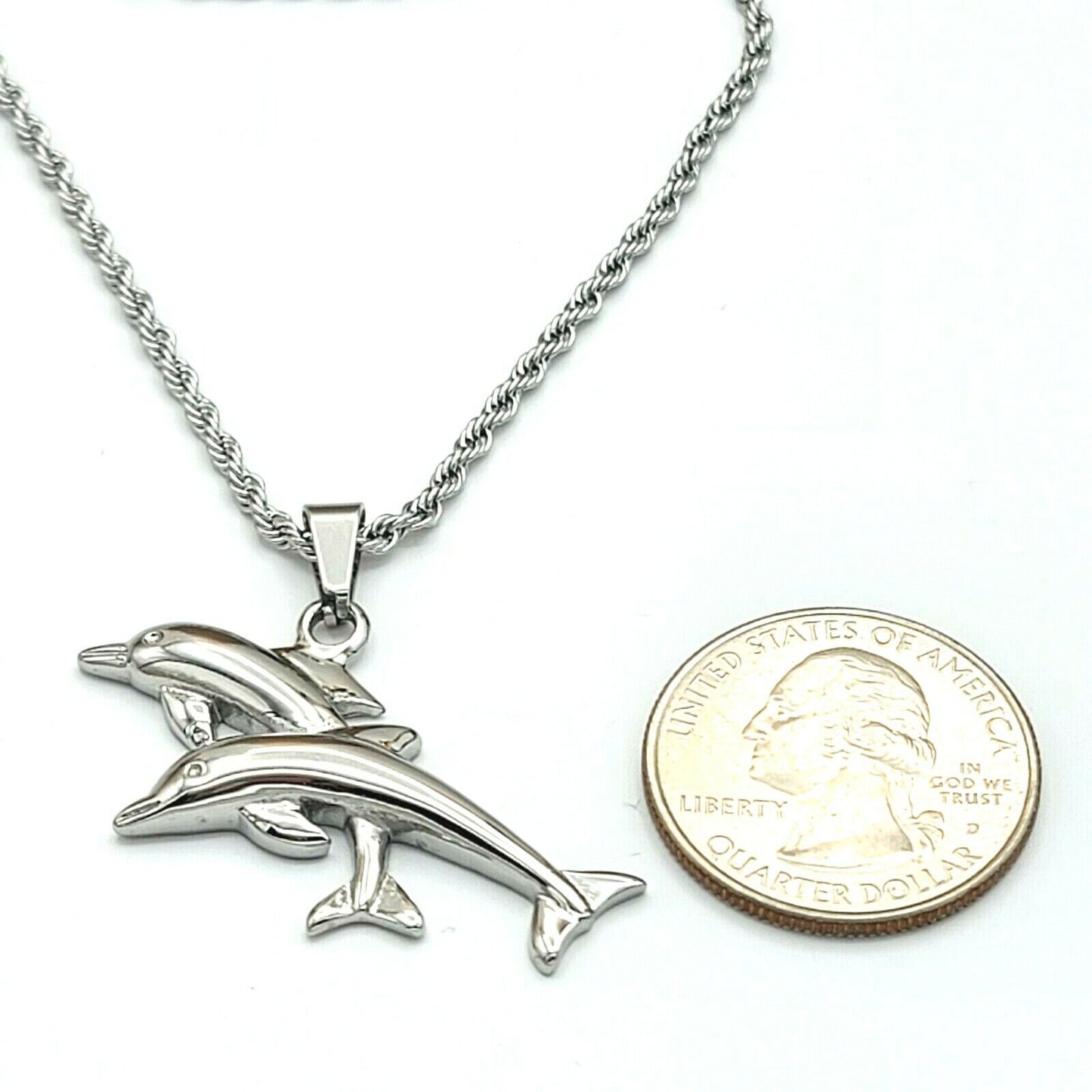 Necklaces - Stainless Steel. Couple Dolphin Pendant & Chain.