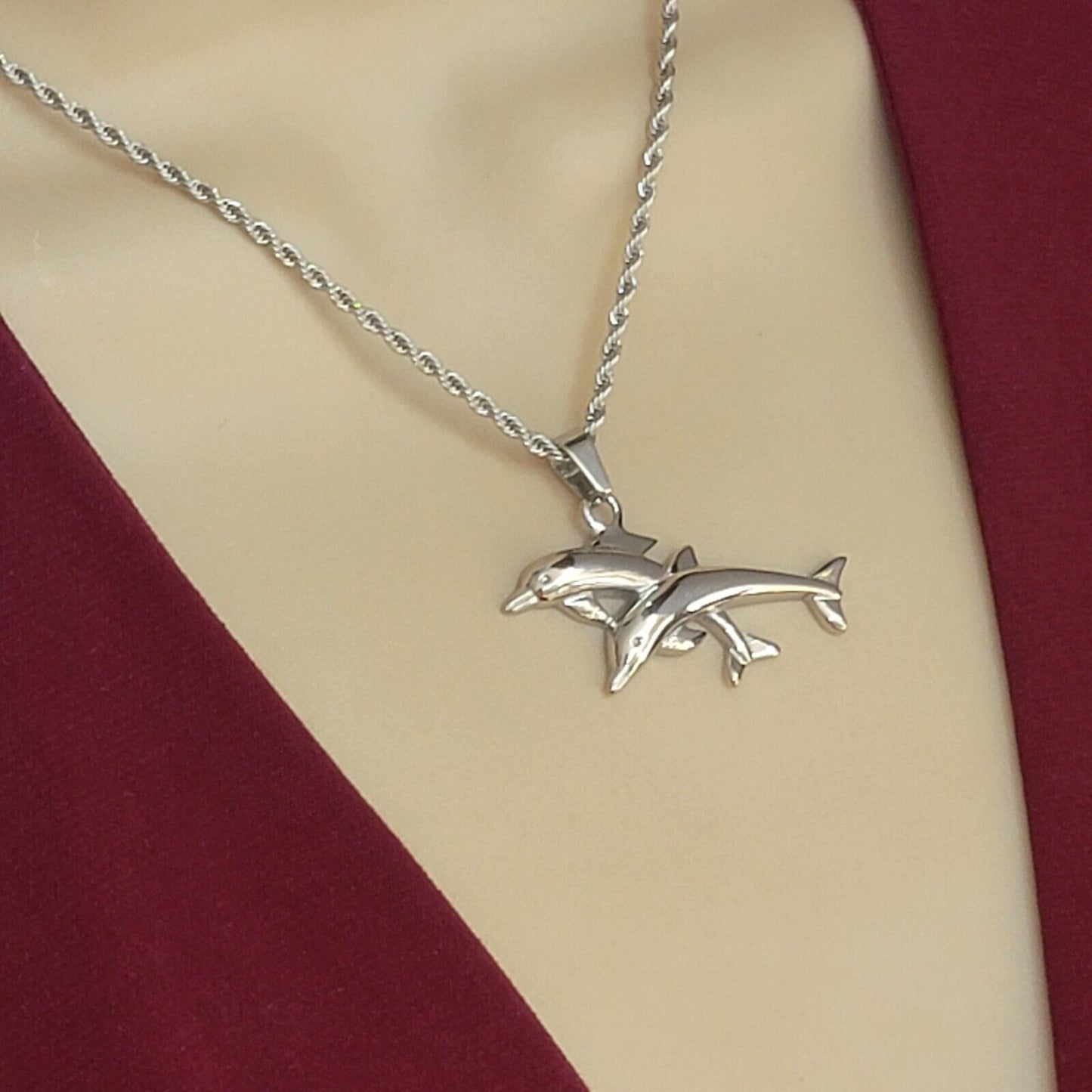 Necklaces - Stainless Steel. Couple Dolphin Pendant & Chain.