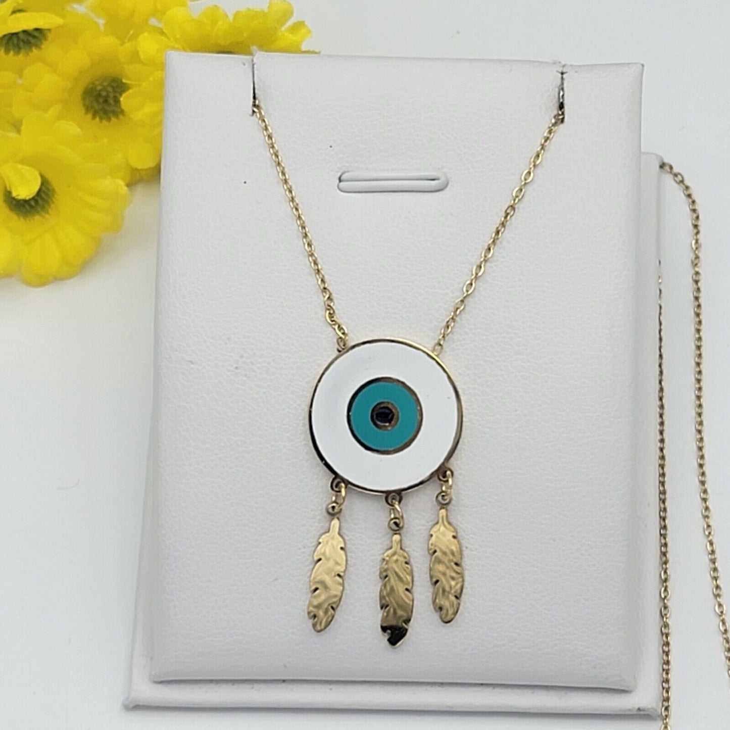 Necklaces - Stainless Steel Gold Plated. Dream Catcher Feather Blue Eye