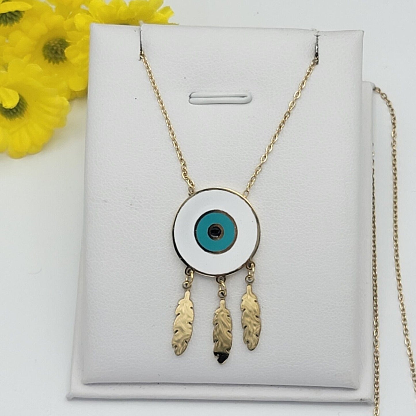 Necklaces - Stainless Steel Gold Plated. Dream Catcher Feather Blue Eye