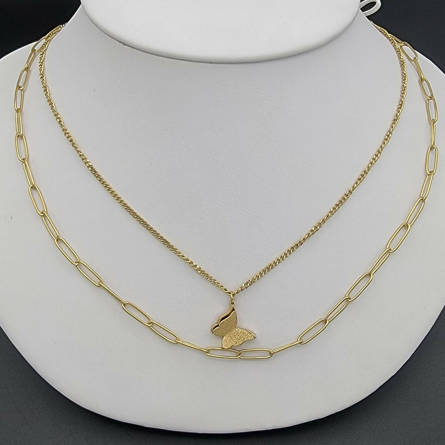 Necklaces - Stainless Steel Gold Plated. 3D Butterfly Double Layer Necklace.