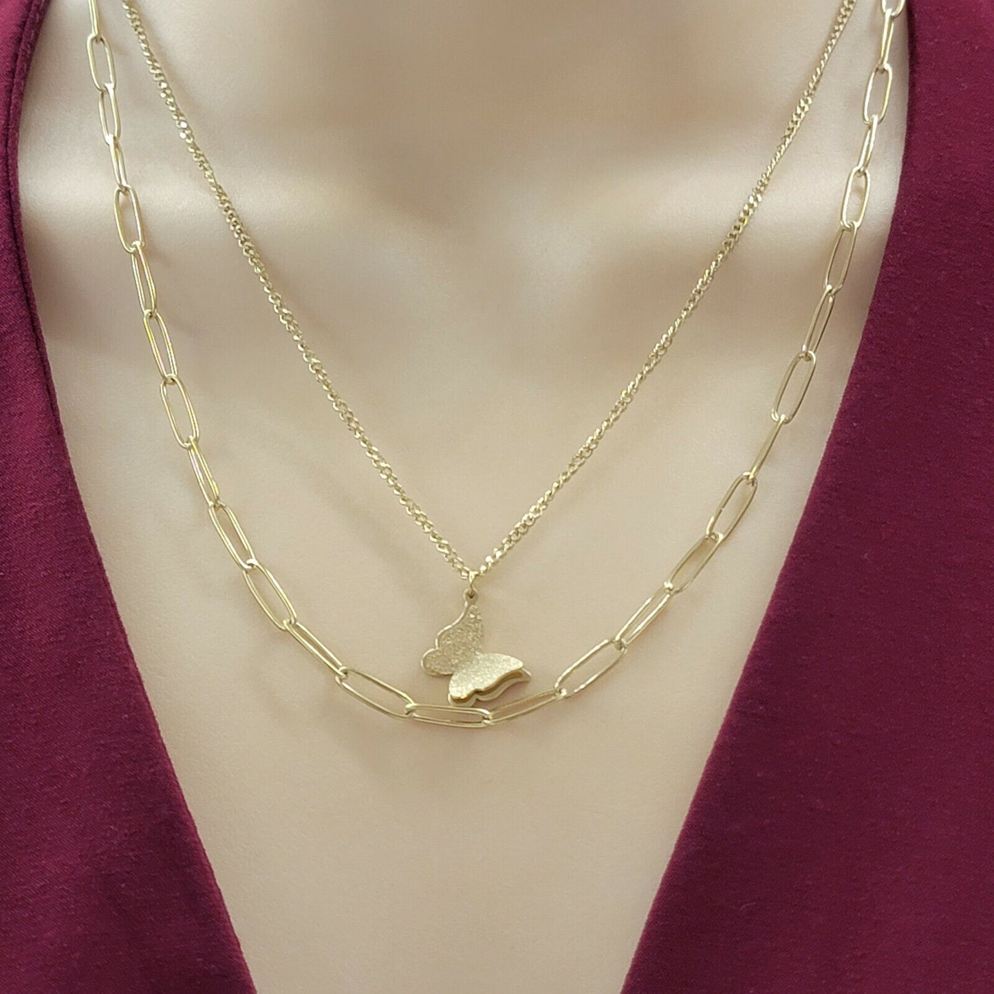 Necklaces - Stainless Steel Gold Plated. 3D Butterfly Double Layer Necklace.