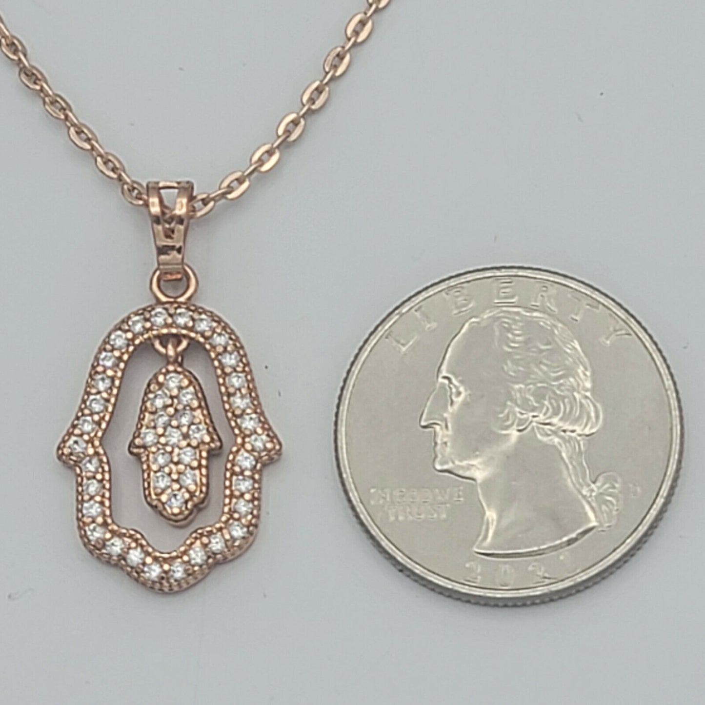 Necklaces - Rose Gold Plated. Hamsa Fatima Hand Movable Charm Pendant & Chain.