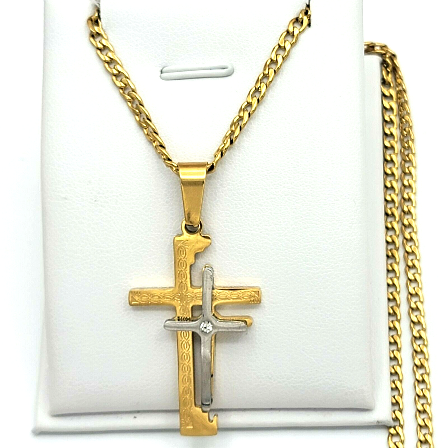 Necklaces - Stainless Steel Gold Plated. Cross Pendant & Chain. Double Cross Silver Gold