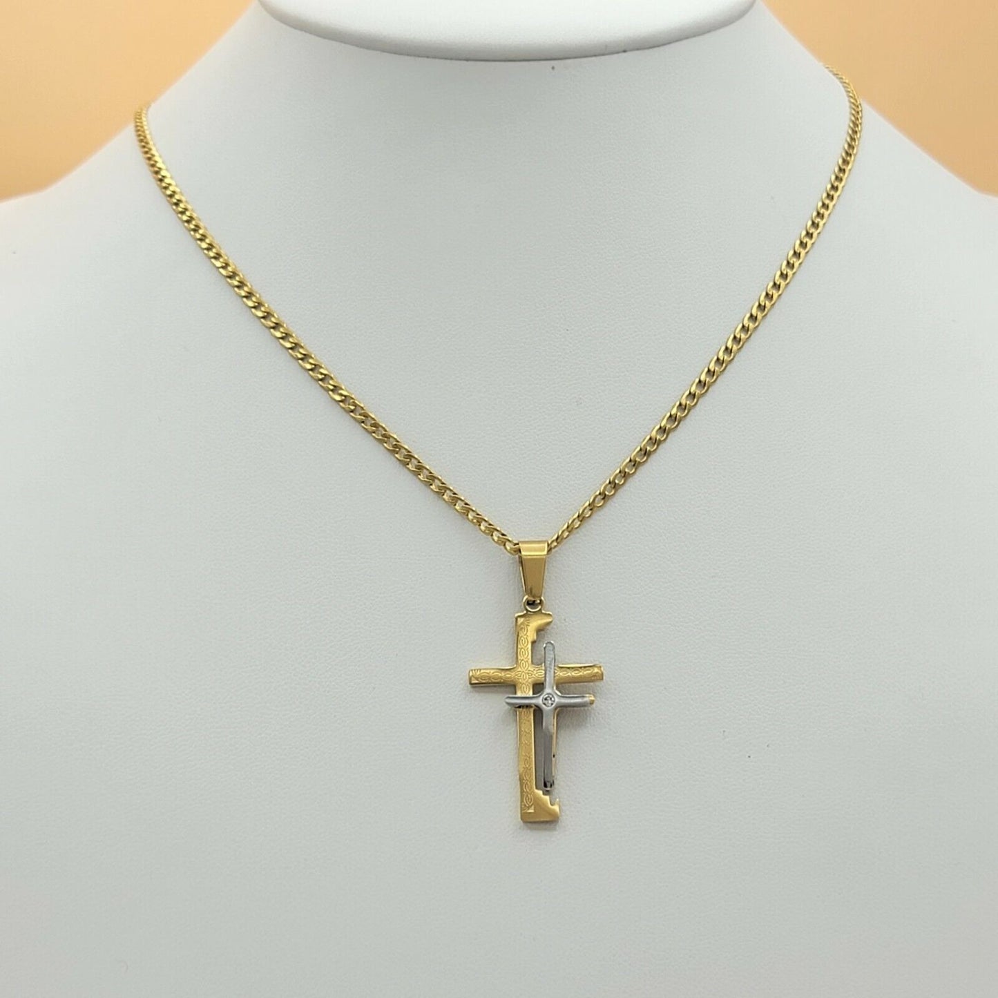 Necklaces - Stainless Steel Gold Plated. Cross Pendant & Chain. Double Cross Silver Gold