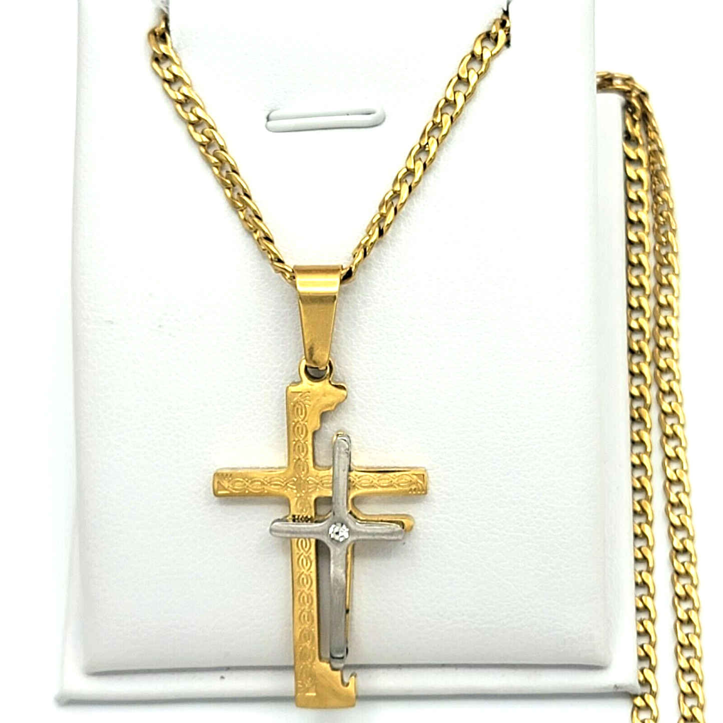 Necklaces - Stainless Steel Gold Plated. Cross Pendant & Chain. Double Cross Silver Gold