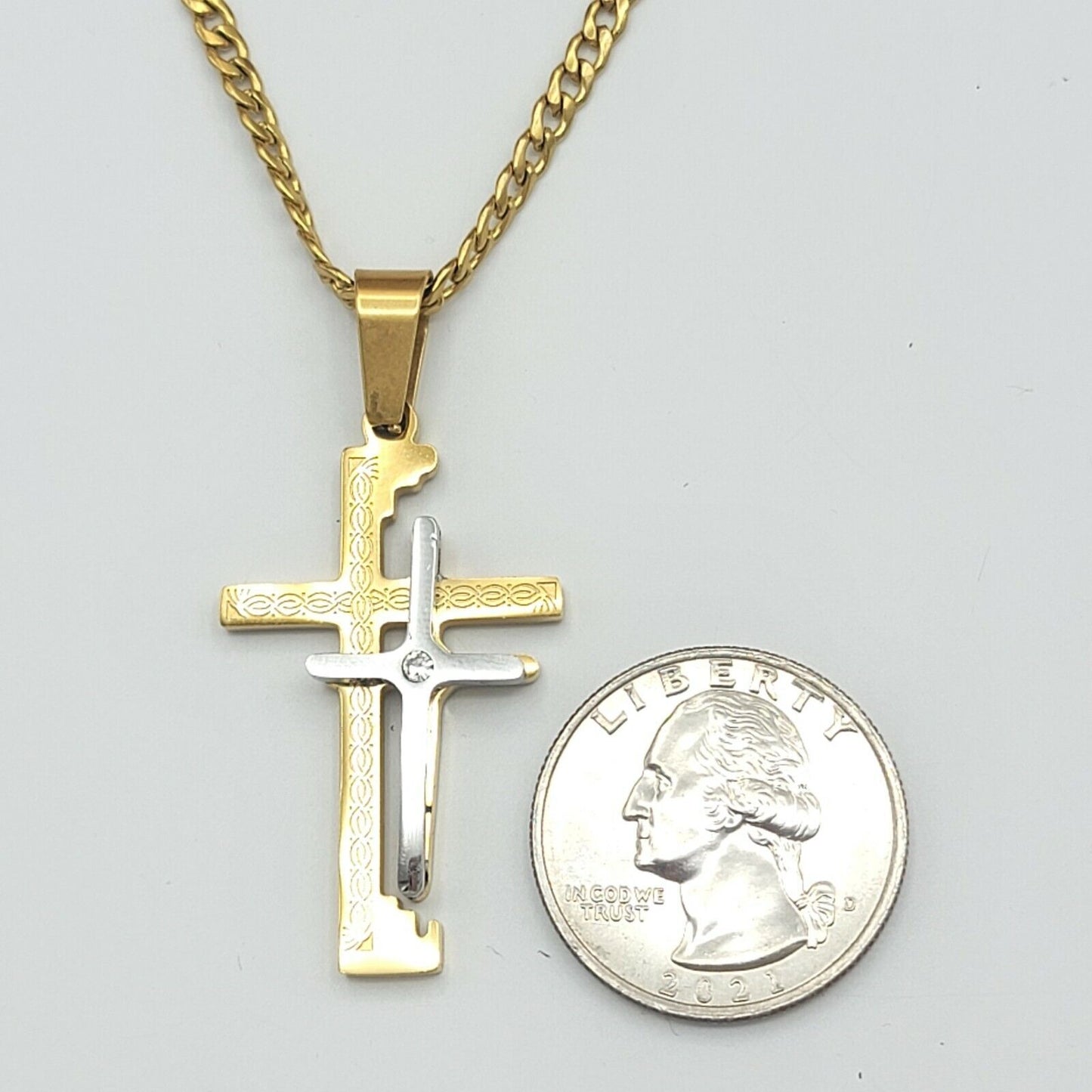 Necklaces - Stainless Steel Gold Plated. Cross Pendant & Chain. Double Cross Silver Gold