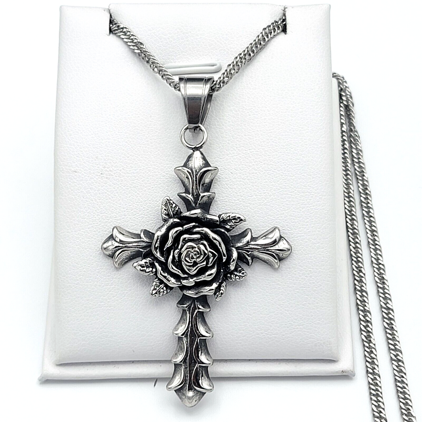 Necklaces - Stainless Steel. Vintage Silver Rose Cross Pendant & Chain.