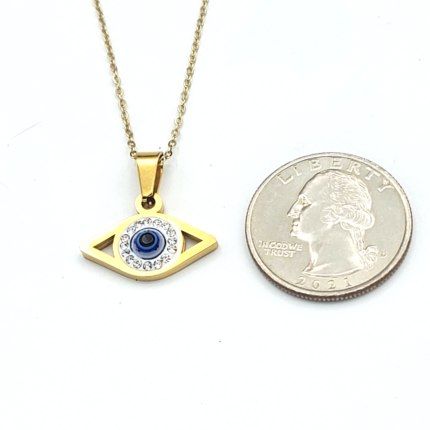 Necklaces - Stainless Steel Gold Plated. Blue Black Eye Pendant & Chain.