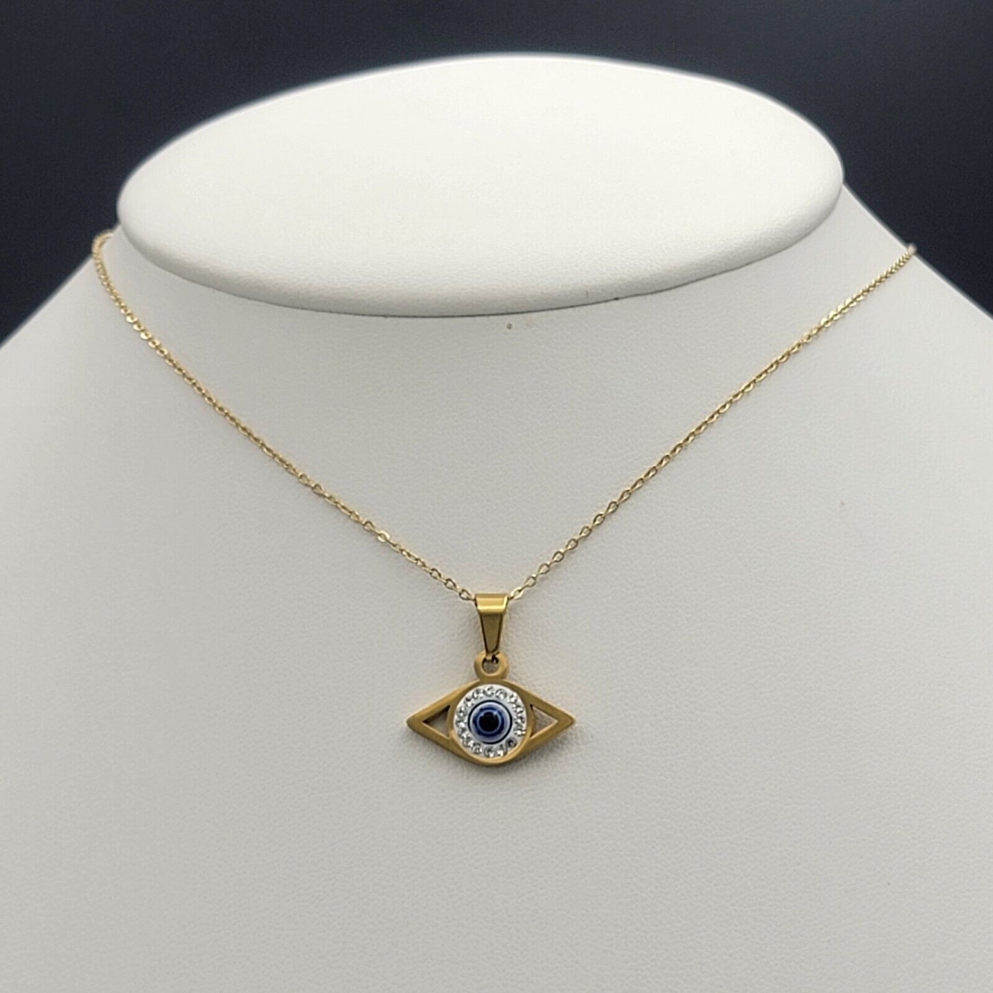 Necklaces - Stainless Steel Gold Plated. Blue Black Eye Pendant & Chain.