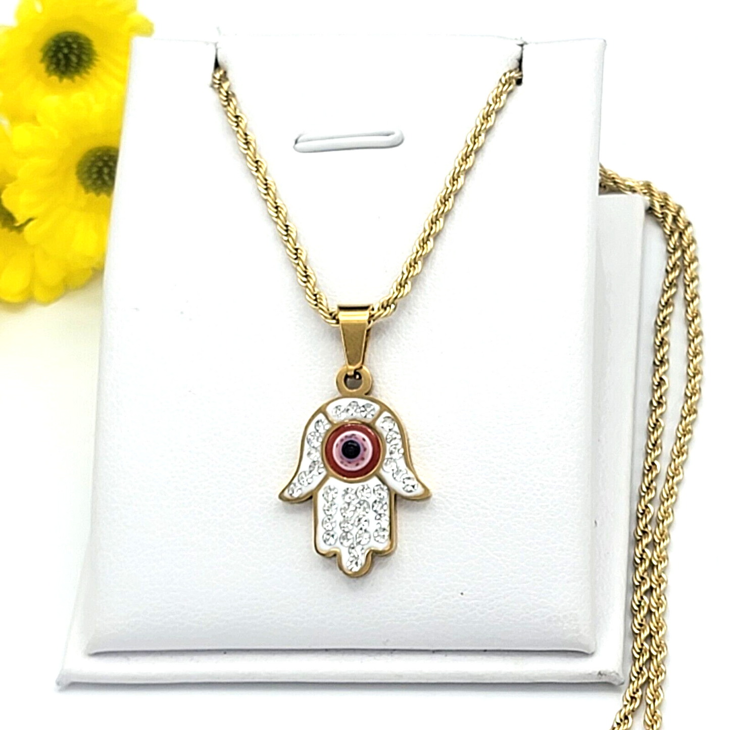 Necklaces - Stainless Steel Gold Plated. Hamsa Fatima Hand Pendant & Chain.