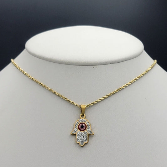 Necklaces - Stainless Steel Gold Plated. Hamsa Fatima Hand Pendant & Chain.