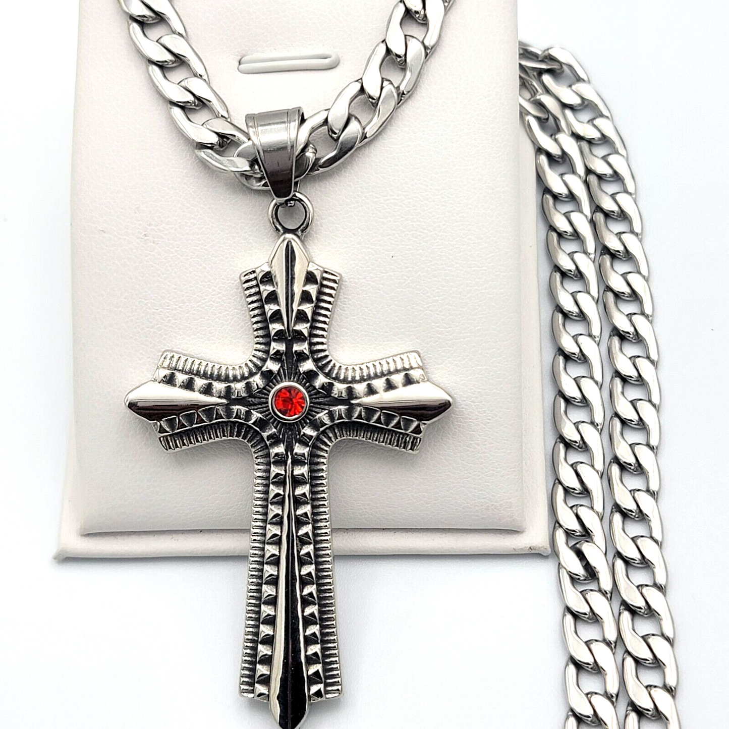 Necklaces - Stainless Steel. Celtic Cross Pendant & Chain. Red Crystal Center.