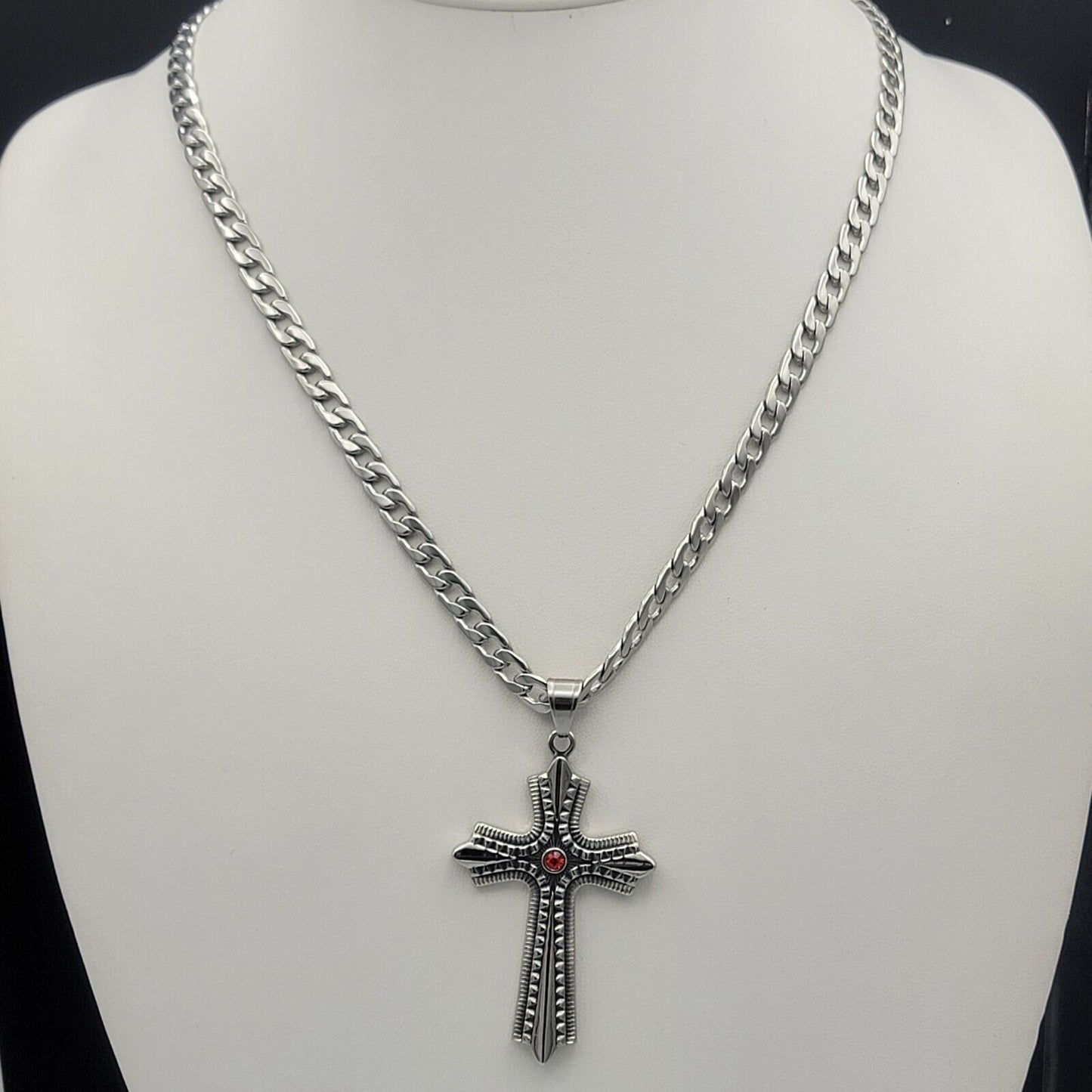 Necklaces - Stainless Steel. Celtic Cross Pendant & Chain. Red Crystal Center.