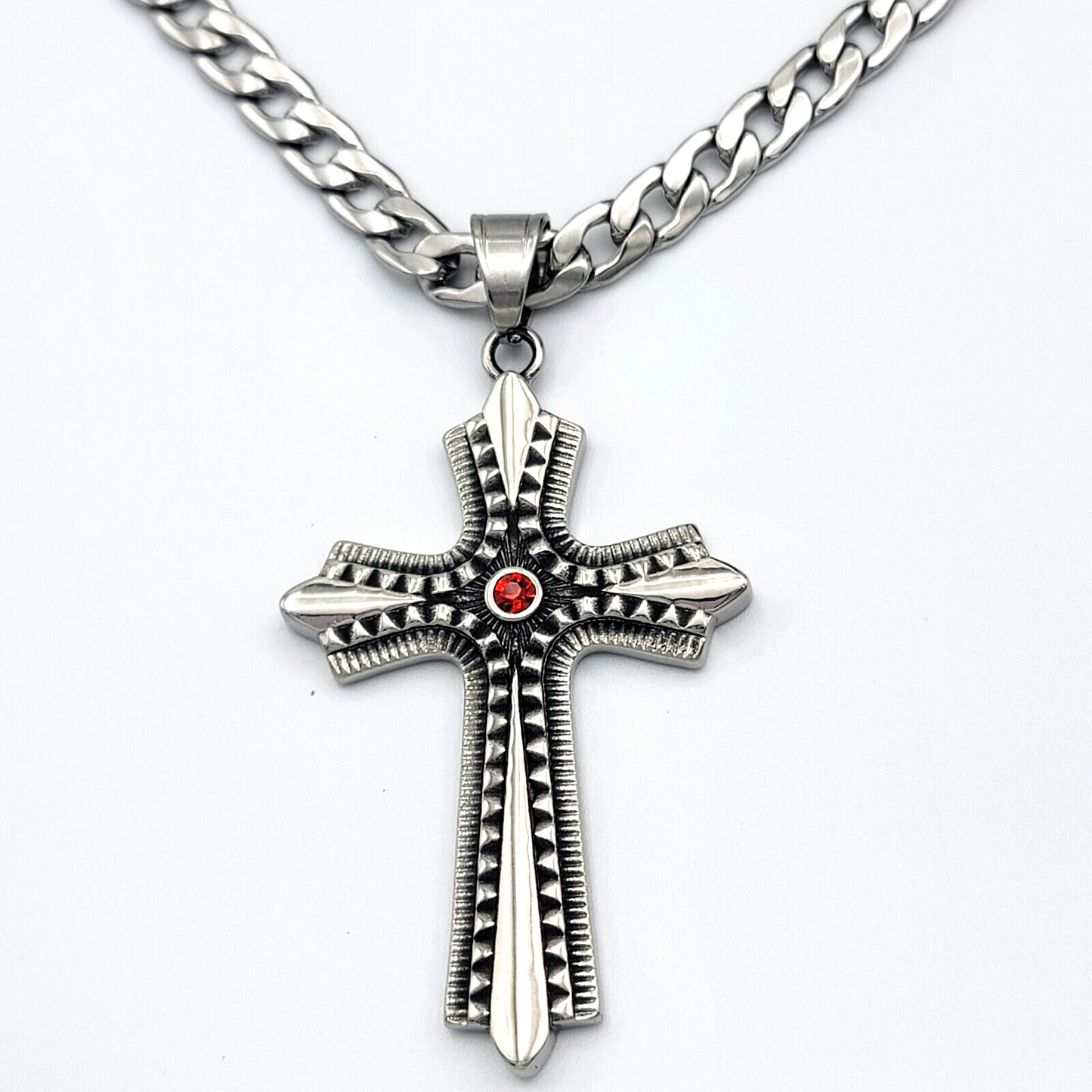 Necklaces - Stainless Steel. Celtic Cross Pendant & Chain. Red Crystal Center.