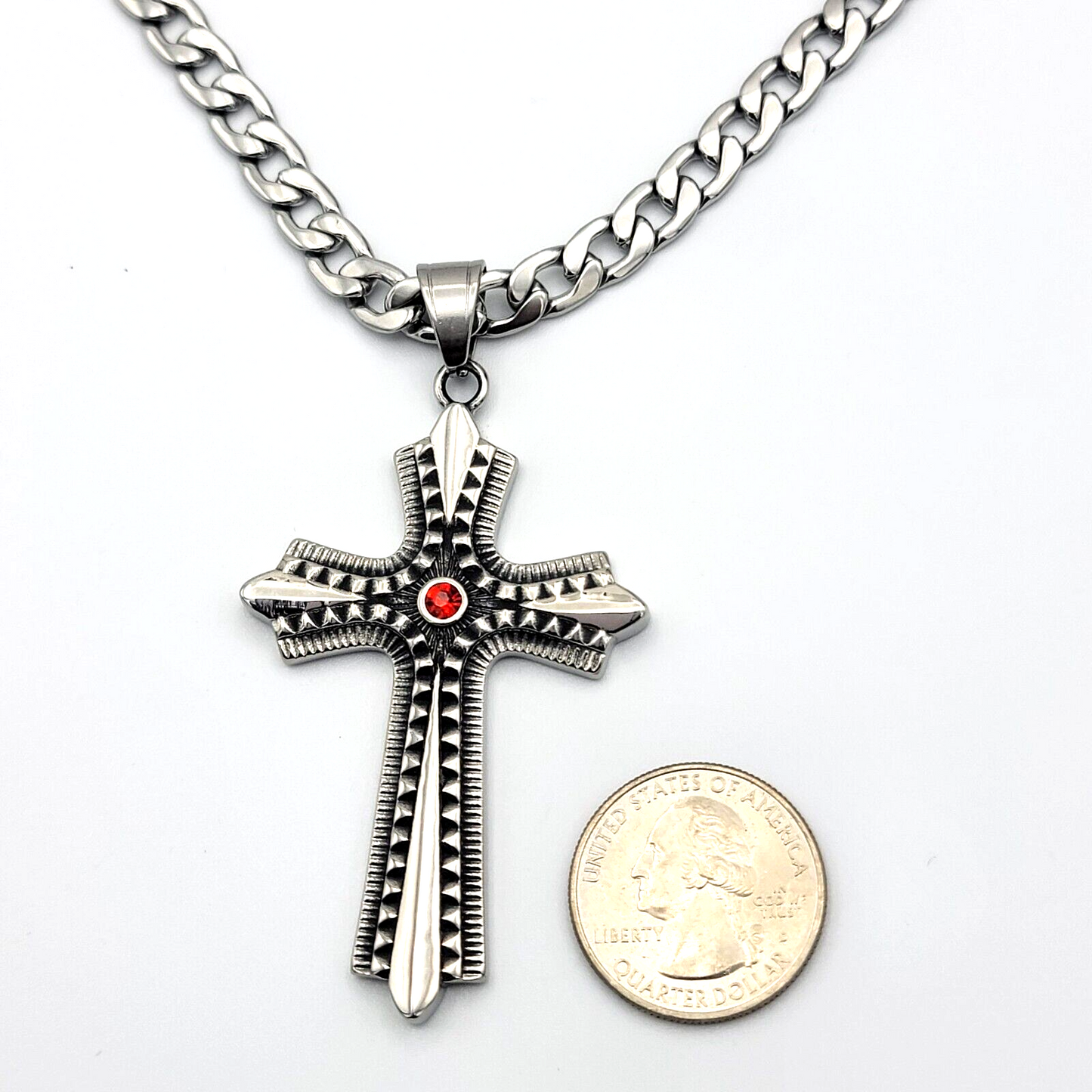 Necklaces - Stainless Steel. Celtic Cross Pendant & Chain. Red Crystal Center.