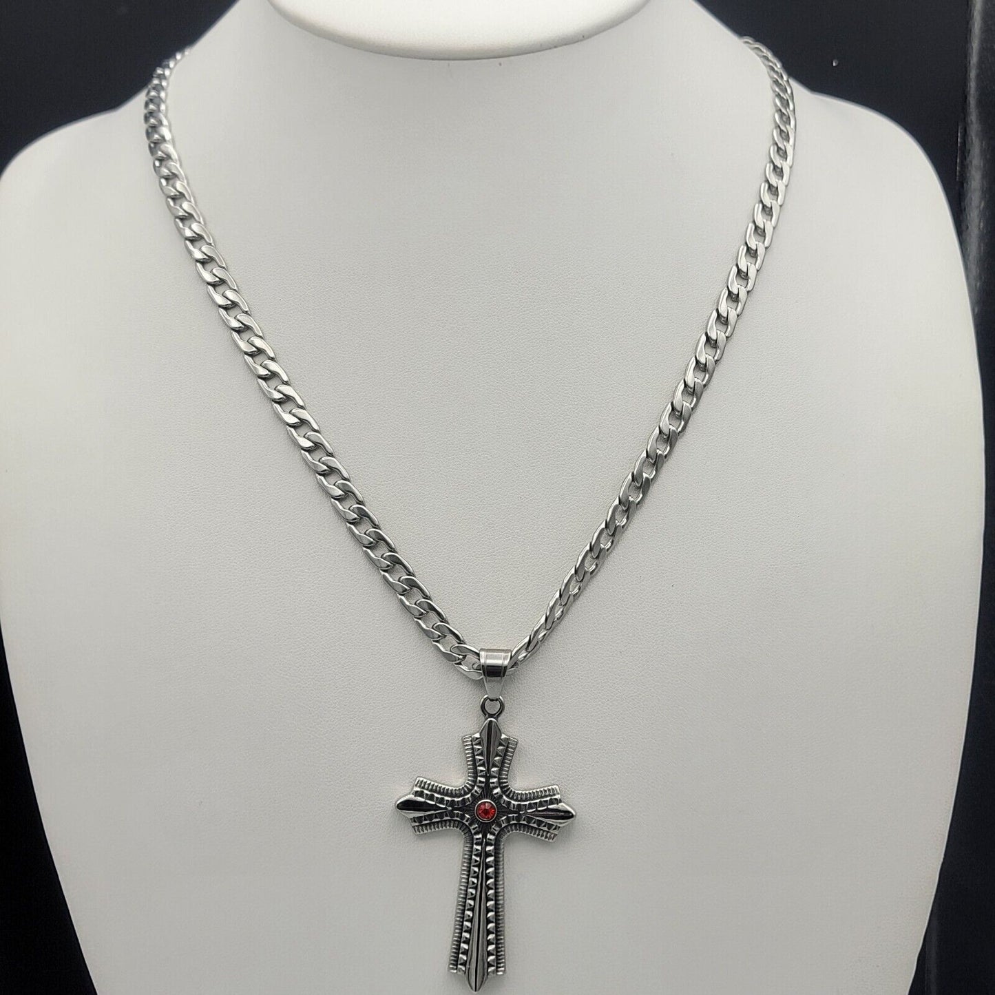 Necklaces - Stainless Steel. Celtic Cross Pendant & Chain. Red Crystal Center.