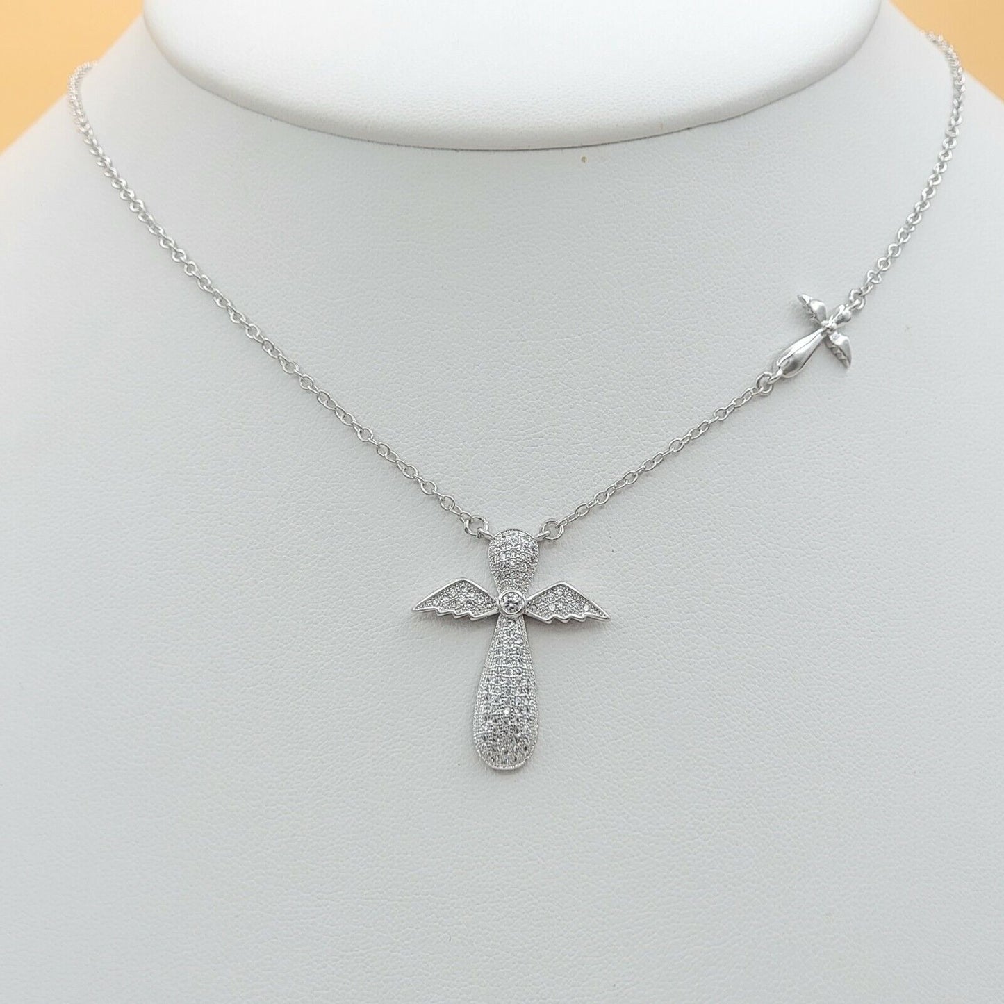 Necklaces - Rhodium Plated. Angel Wings Cross CZ Pendant & Chain.