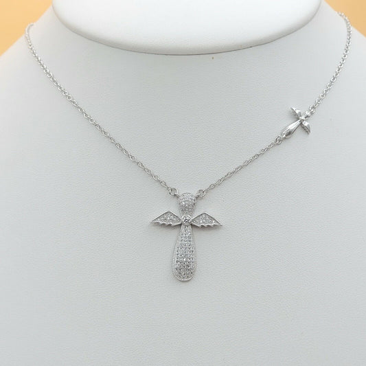 Necklaces - Rhodium Plated. Angel Wings Cross CZ Pendant & Chain.