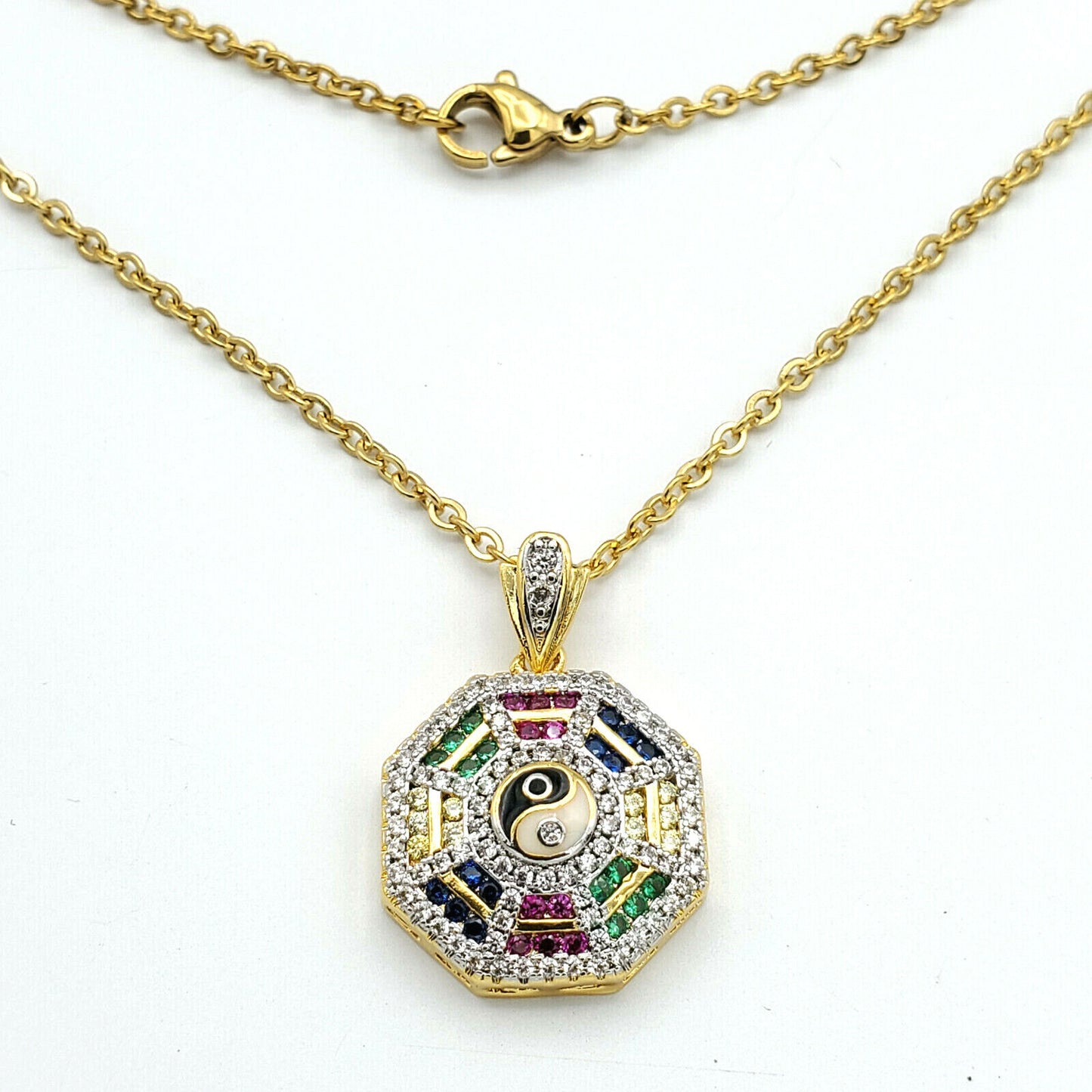 Necklaces - 24K Gold Plated. Cubic Zirconia Yin Yang Eight Diagrams Pendant & Chain.