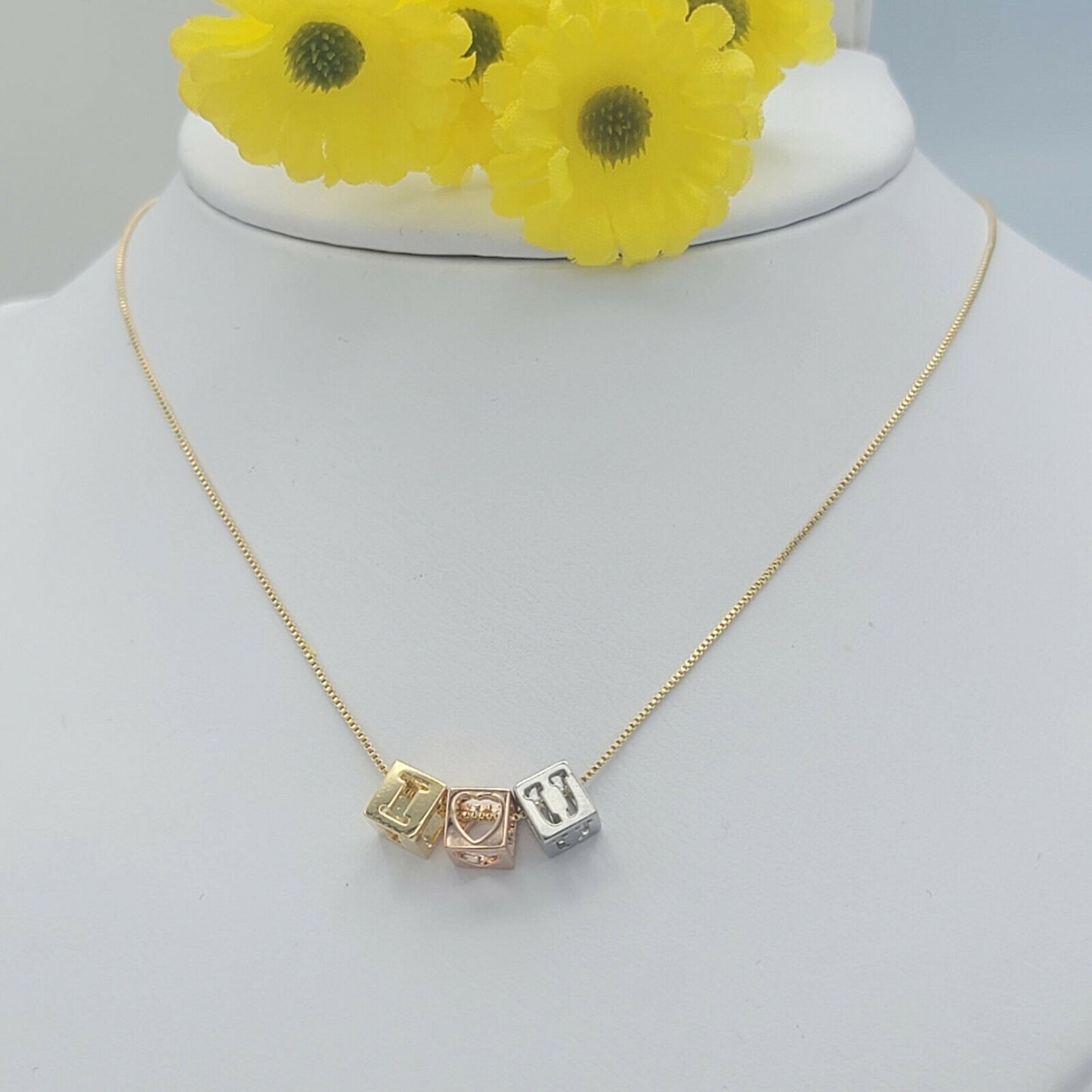 Necklaces - Tri Color Gold Plated. I LOVE YOU I -Heart- U cube charms Necklace.