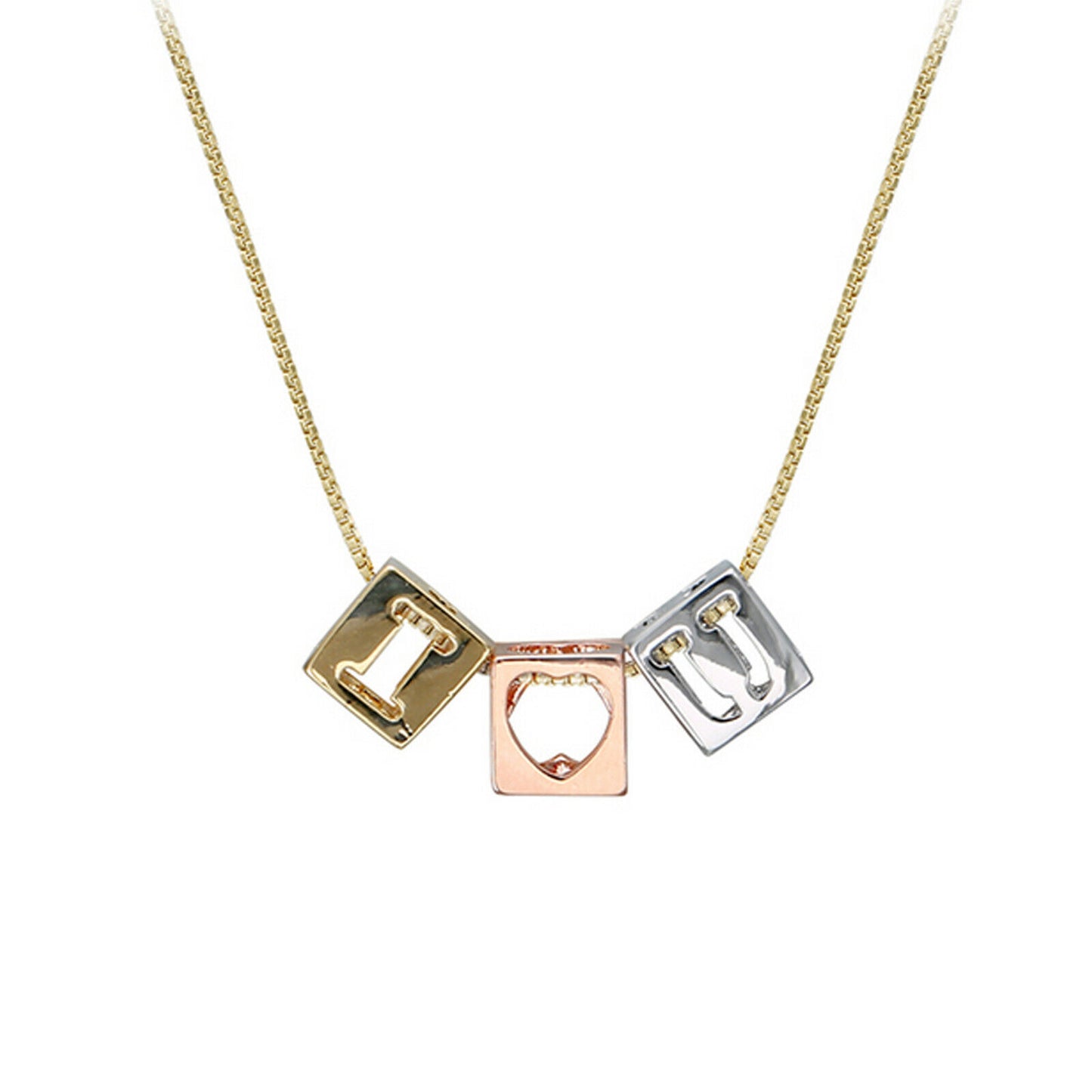 Necklaces - Tri Color Gold Plated. I LOVE YOU I -Heart- U cube charms Necklace.