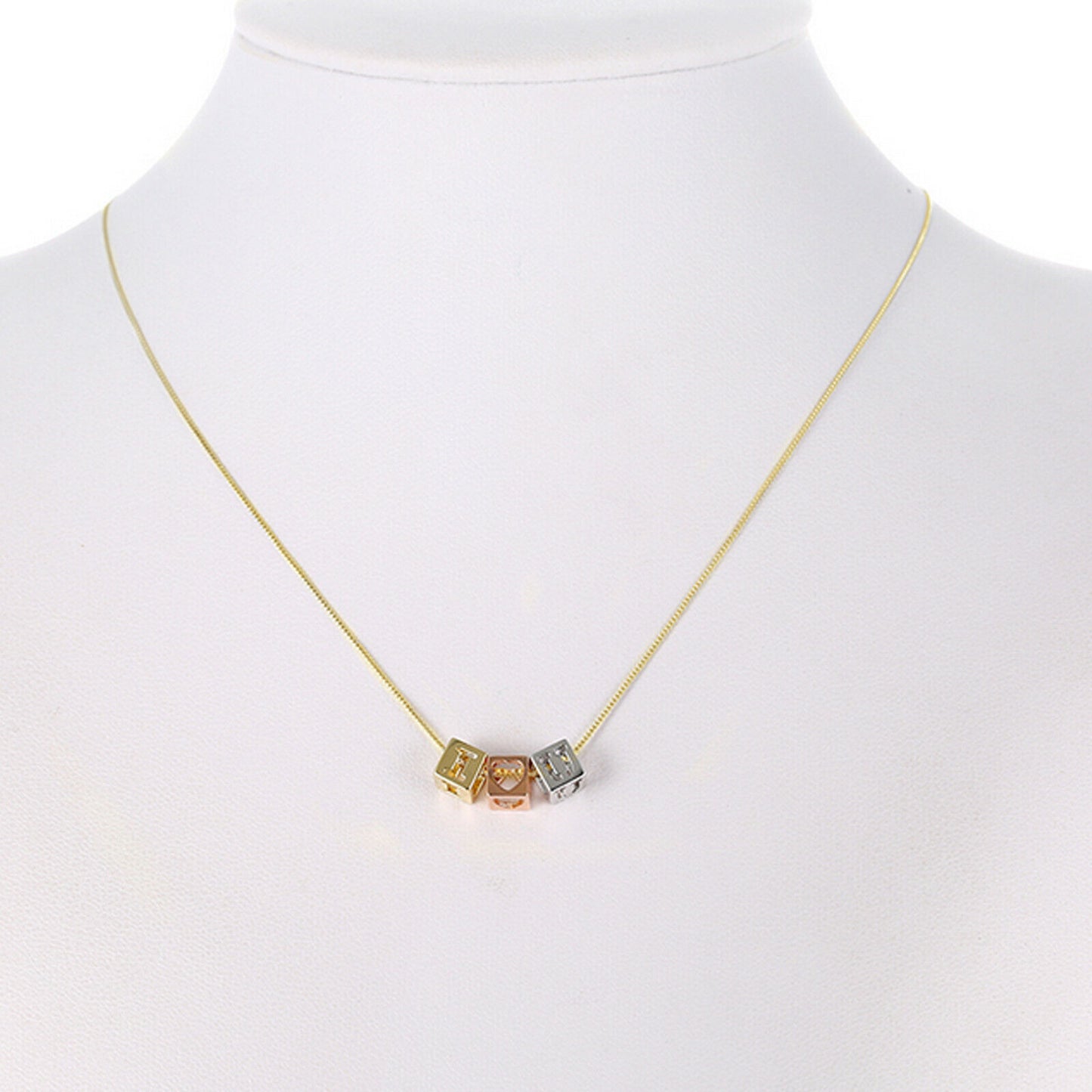 Necklaces - Tri Color Gold Plated. I LOVE YOU I -Heart- U cube charms Necklace.