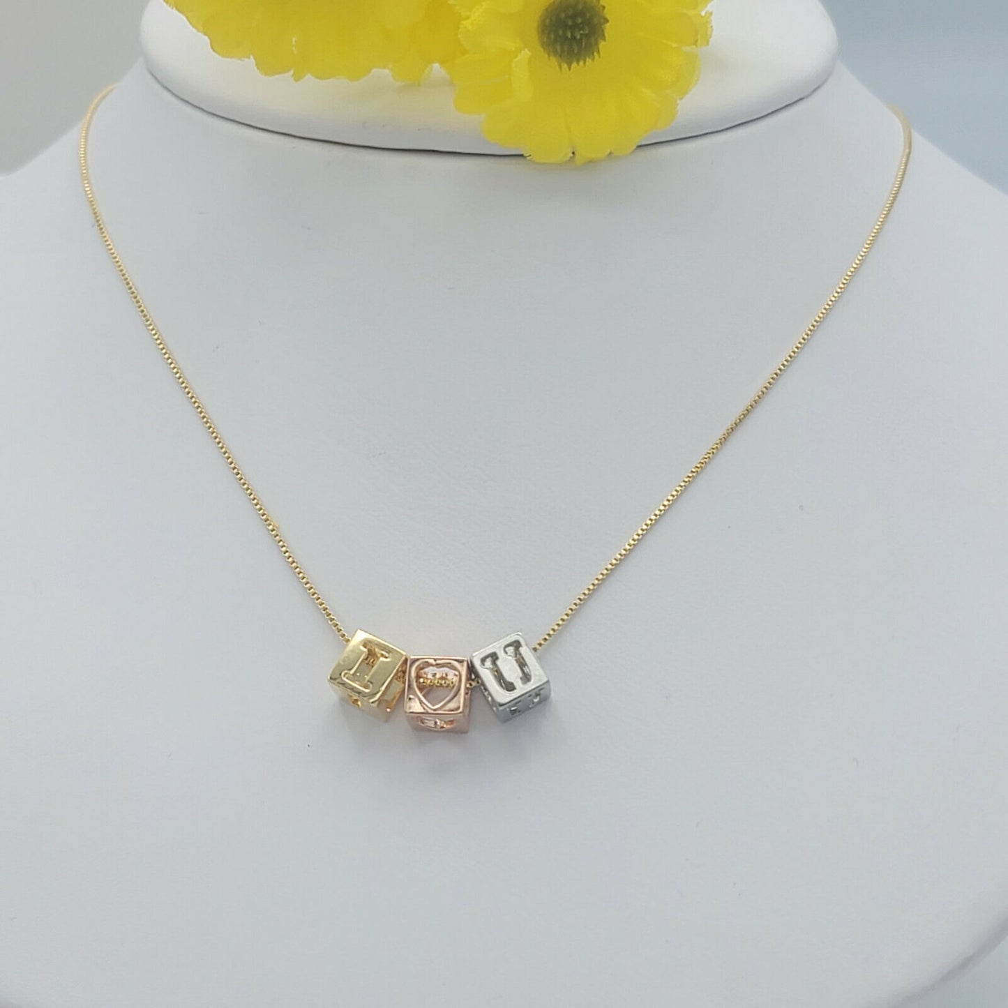 Necklaces - Tri Color Gold Plated. I LOVE YOU I -Heart- U cube charms Necklace.