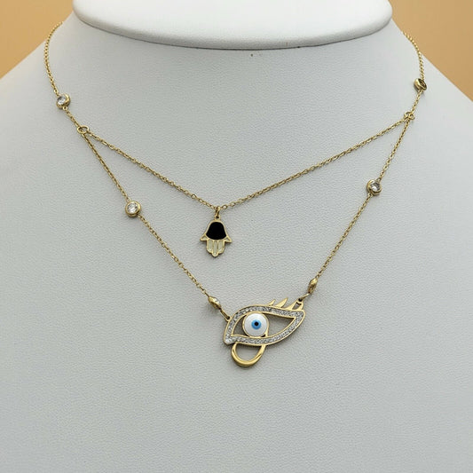 Necklaces - Stainless Steel Gold Plated. Eye & Hamsa Hand Pendant Layered Necklace