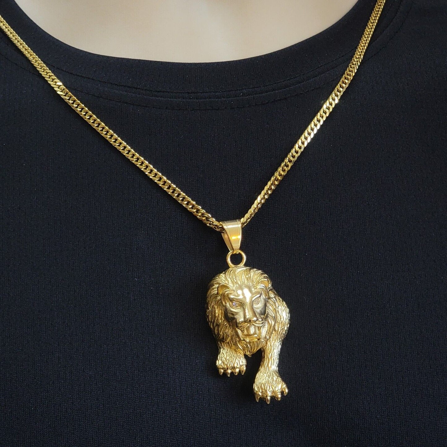 Necklaces - Stainless Steel Gold Plated. 3D Prowl Lion Pendant & Chain