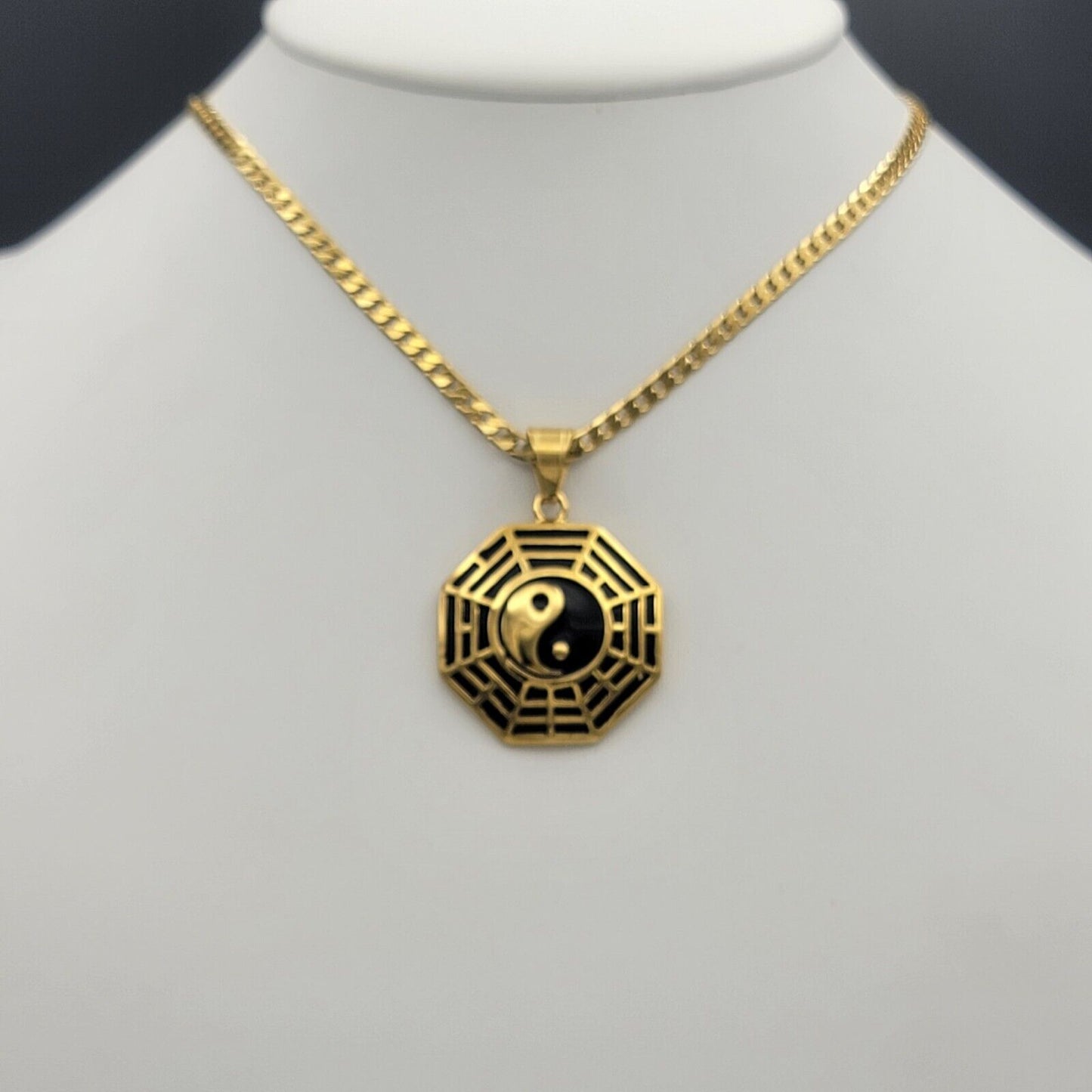 Necklaces - 24K Gold Plated. Two Tones Yin & Yang Taiji Bagua Pendant & Chain.