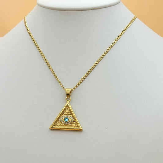 Necklaces - Stainless Steel Gold Plated. CZ Eye of Providence Pendant & Chain. Triangle