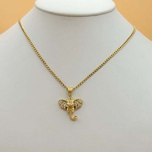 Necklaces - Stainless Steel Gold Plated. CZ Elephant Pendant & Chain.