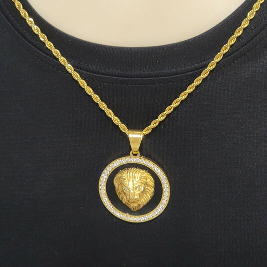 Necklaces - Stainless Steel Gold Plated. Lion Head Pendant & Chain.