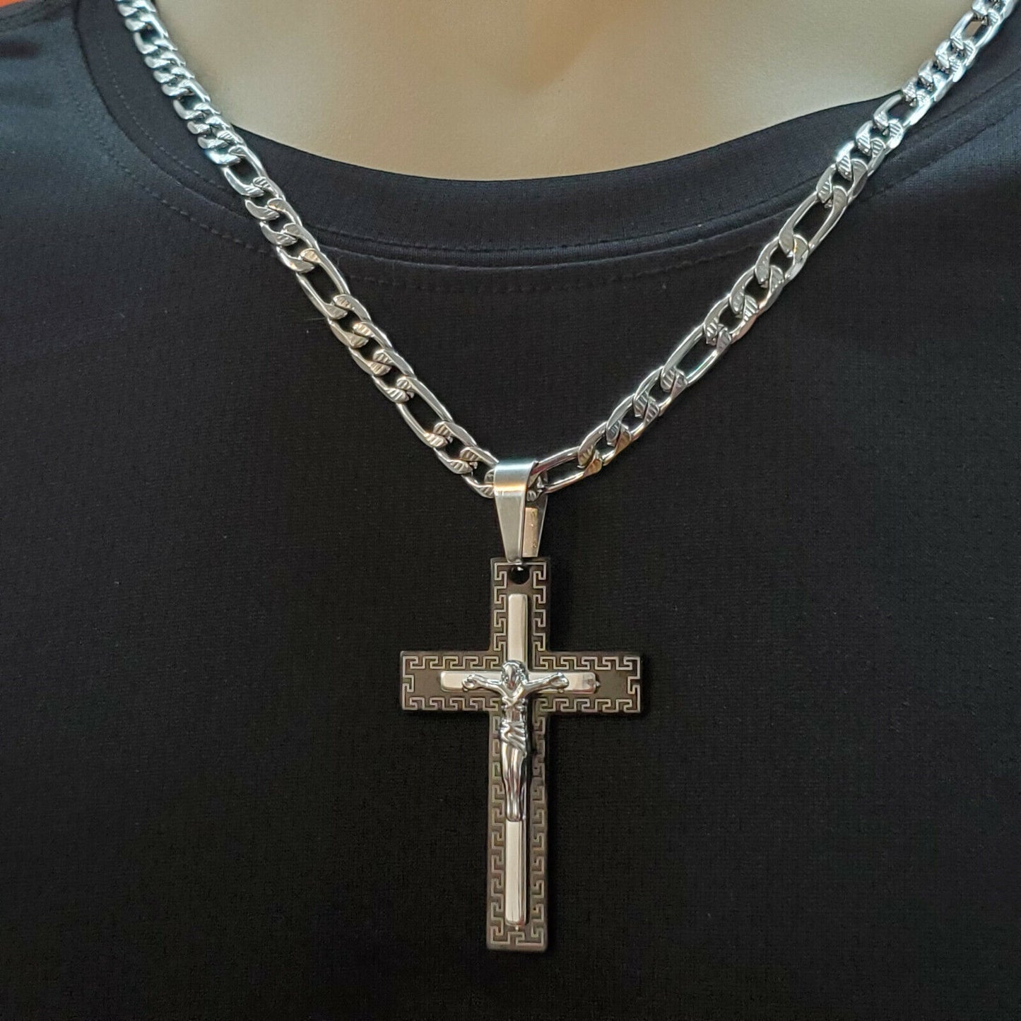Necklaces - Stainless Steel. Silver-Black Crucifix Jesus Cross Pendant & Chain.