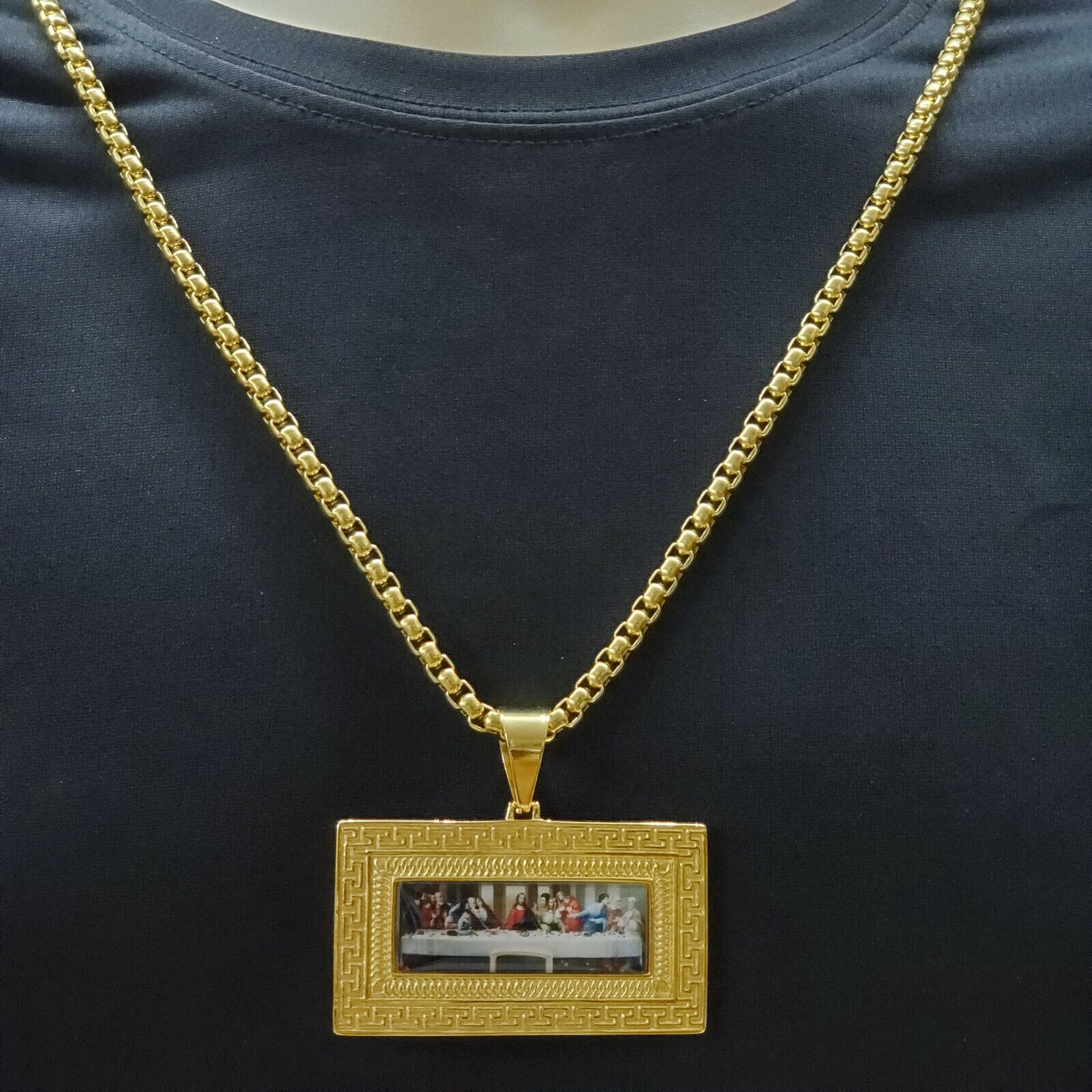 Necklaces - Stainless Steel Gold Plated. Last Supper Paint Pendant & Chain. Medalla La Ultima Cena