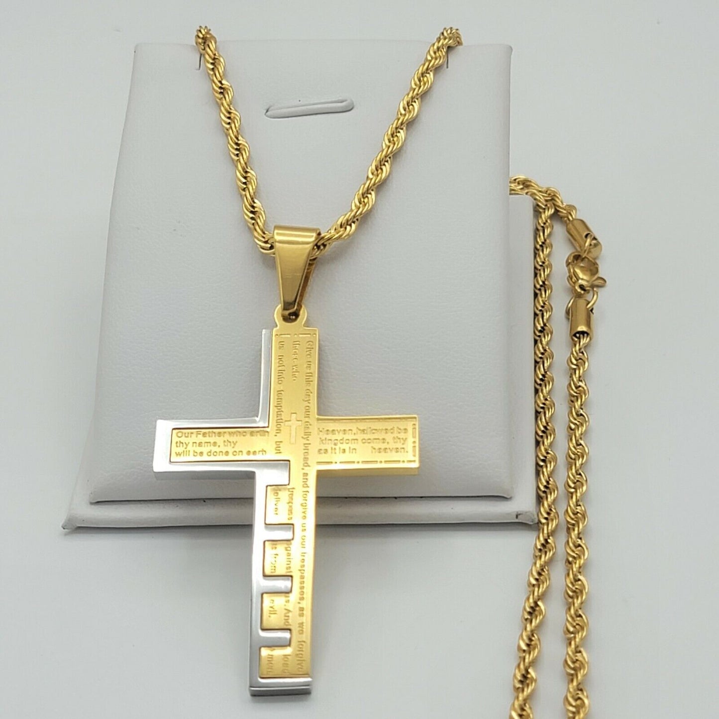 Necklaces - Stainless Steel Gold Plated. Bible Our Father Lord's Prayer Cross Pendant & Chain