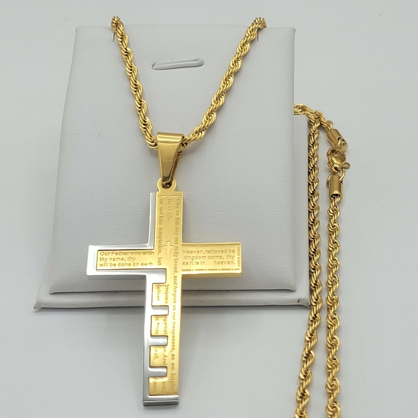 Necklaces - Stainless Steel Gold Plated. Bible Our Father Lord's Prayer Cross Pendant & Chain