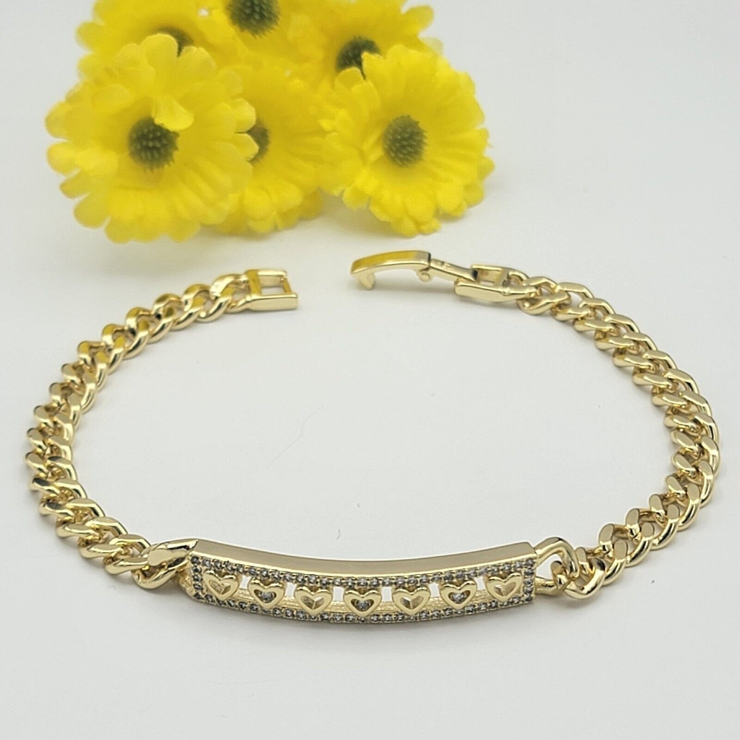Bracelets - 14K Gold Plated. Link Hearts ID Plate Bracelet Curb Link chain