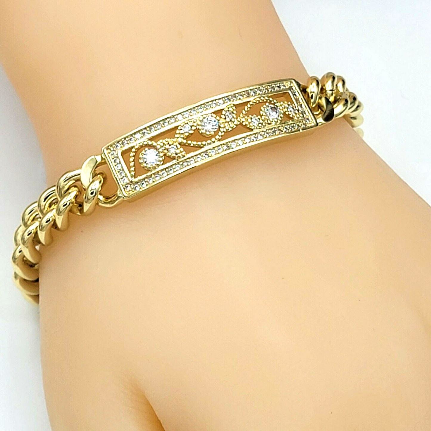 Bracelets - 14K Gold Plated. Vintage ID Plate CZ crystals Curb Link Chain Bracelet