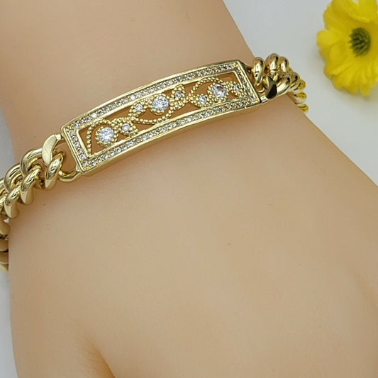 Bracelets - 14K Gold Plated. Vintage ID Plate CZ crystals Curb Link Chain Bracelet