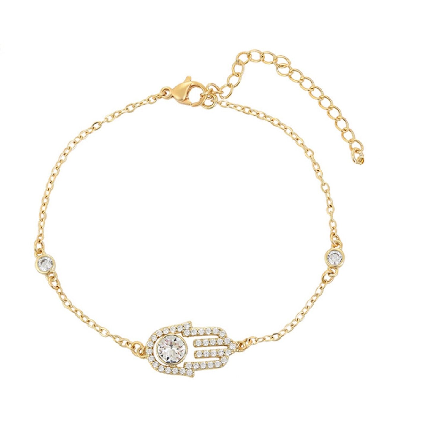 Bracelets - 14K Gold Plated. Clear Fatima Hand Bracelet. Curb Link Chain. Amulet Oro Laminado