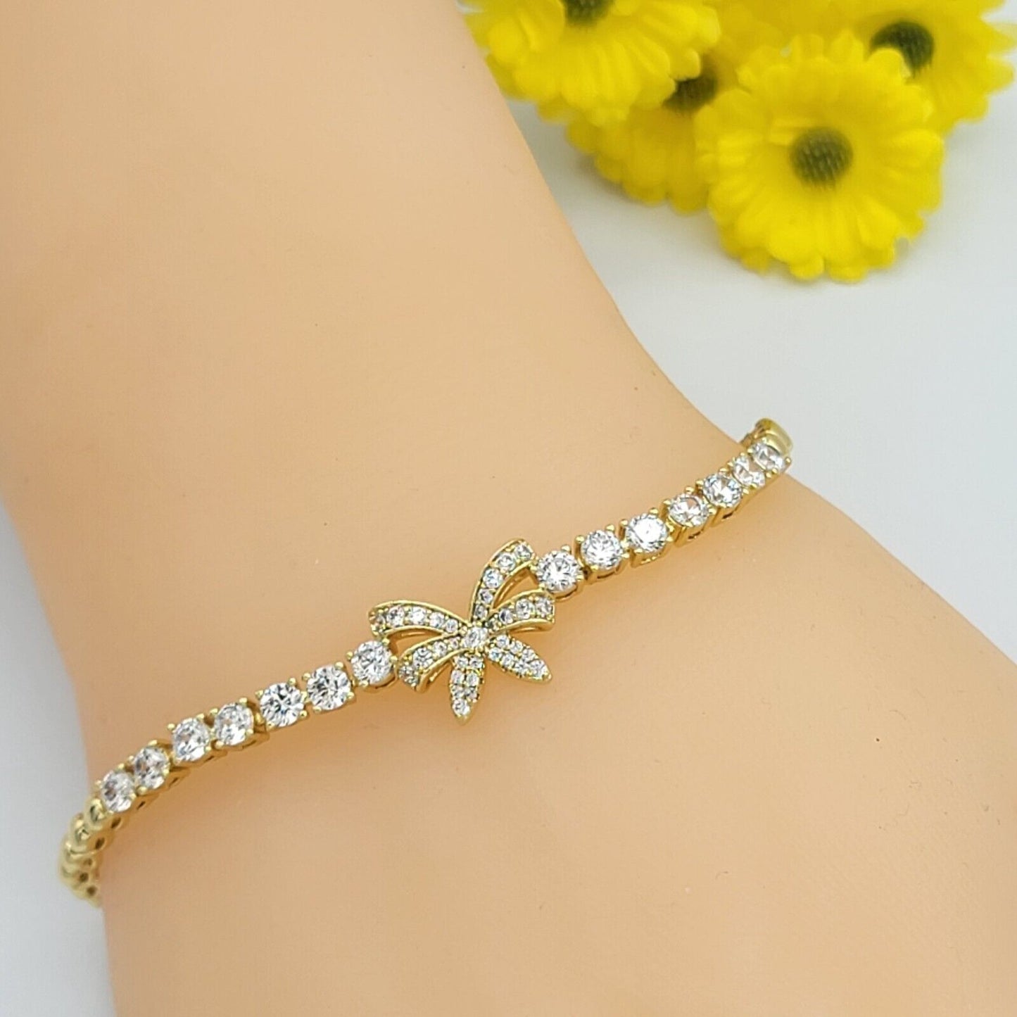 Bracelets - 14K Gold Plated. Clear Crystals Bow Gift Bracelet. Cute Elegant